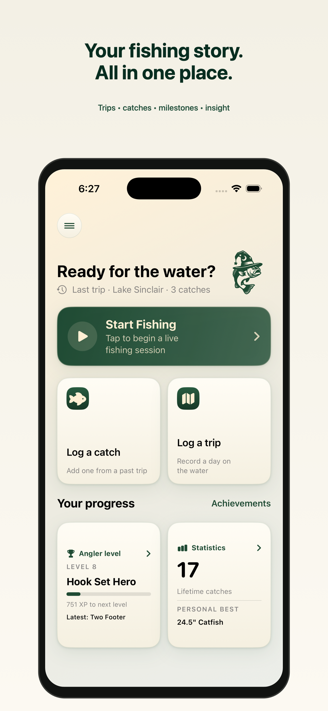 Fish Wizard dashboard showing trip and catch logging and angler progress