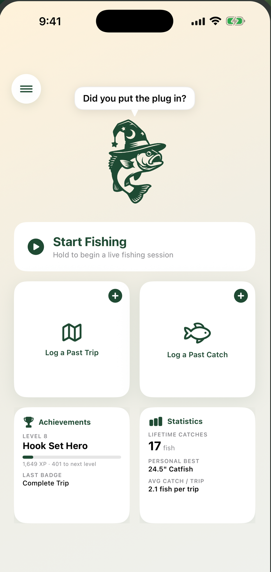 Fish Wizard home screen with options to start fishing, log a trip, and log a catch
