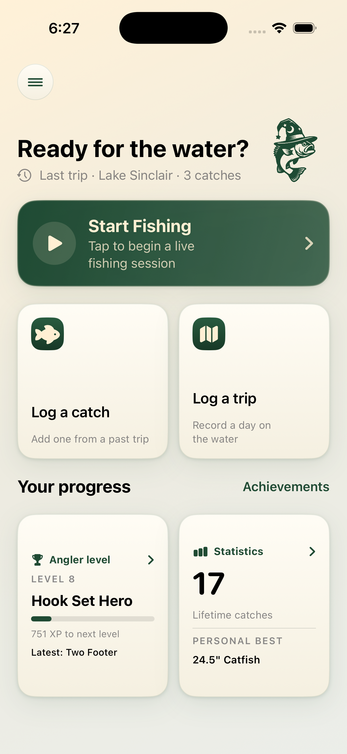 Fish Wizard dashboard with Start Fishing, trip and catch logging, angler level, and lifetime catches