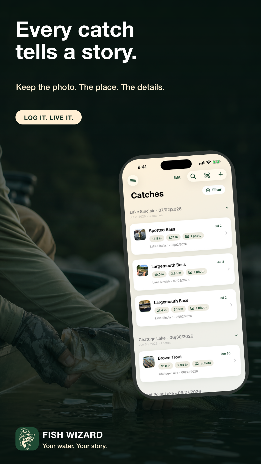 Fish Wizard catch logging screen over a lake at sunset